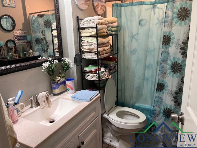 full bathroom featuring a shower with curtain, vanity, and toilet