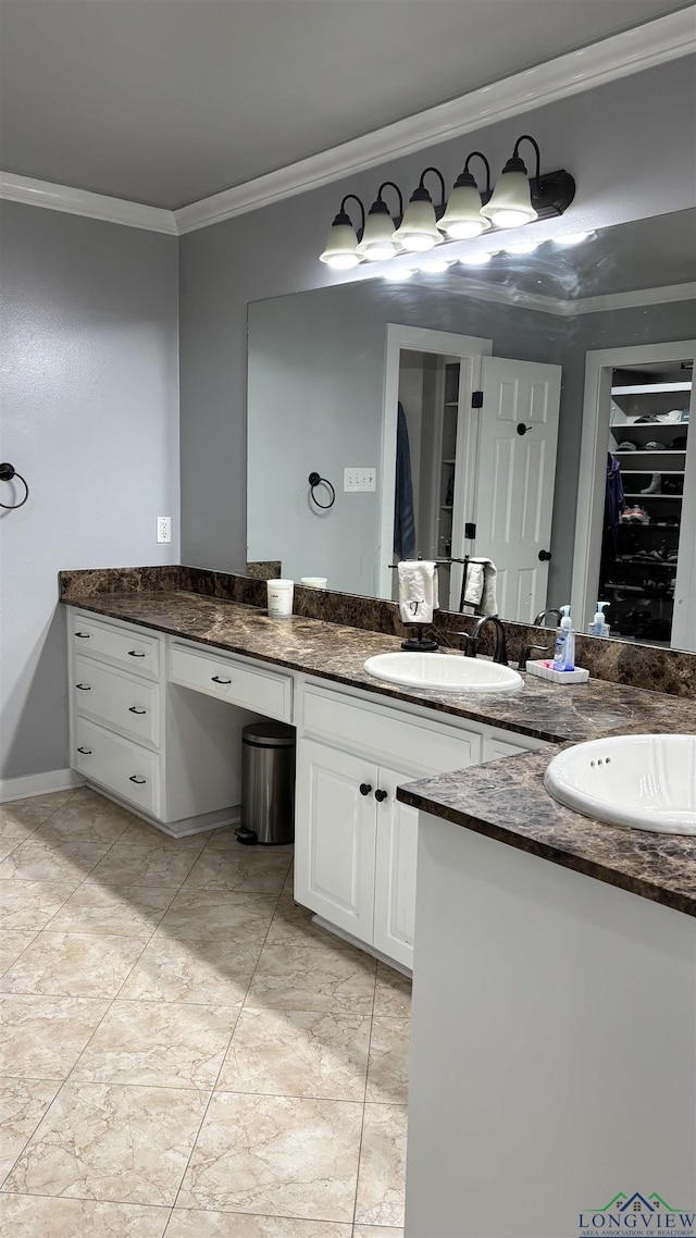 bathroom featuring double vanity, a spacious closet, crown molding, and a sink