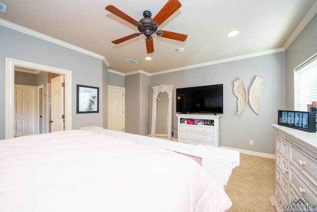 bedroom with ceiling fan, light colored carpet, and ornamental molding