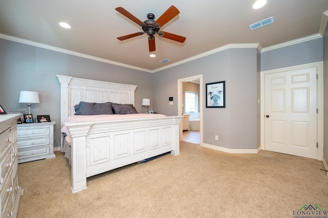 bedroom with ceiling fan, ornamental molding, and light carpet