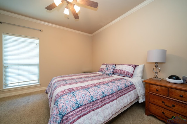 bedroom featuring carpet flooring, ceiling fan, and crown molding