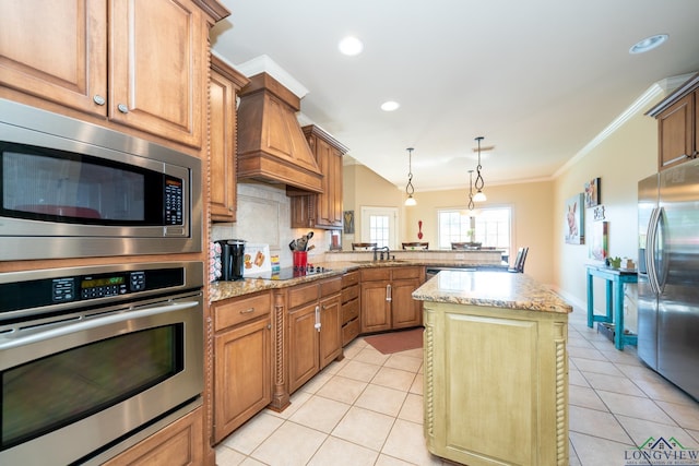 kitchen with a center island, sink, crown molding, custom range hood, and stainless steel appliances