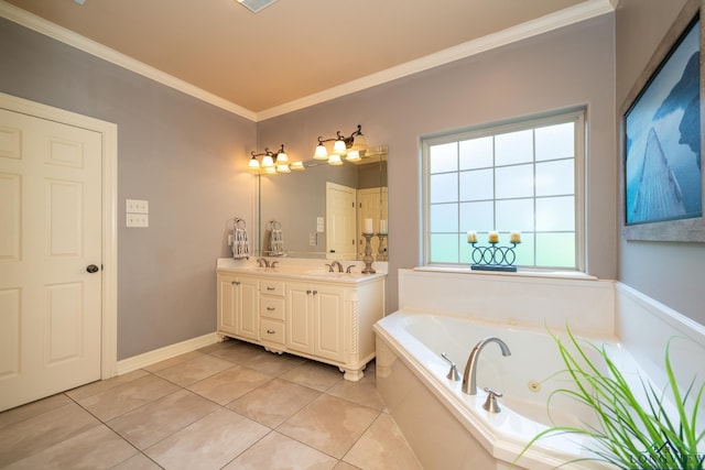 bathroom with tile patterned flooring, vanity, a relaxing tiled tub, and ornamental molding