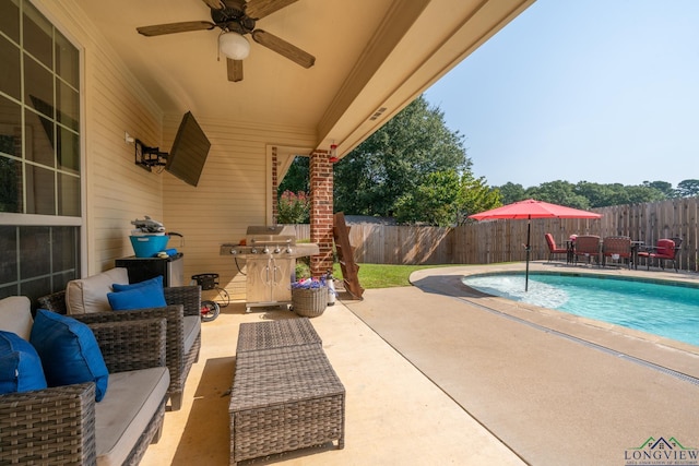 view of swimming pool featuring an outdoor hangout area, area for grilling, ceiling fan, and a patio area