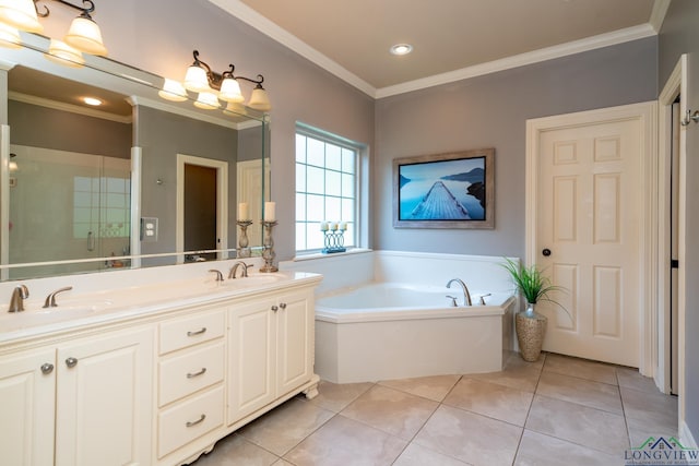 bathroom featuring tile patterned floors, vanity, ornamental molding, and independent shower and bath