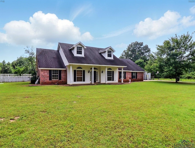 cape cod house with fence, a front lawn, and brick siding