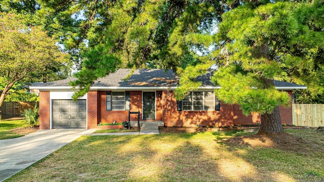 single story home featuring a front lawn and a garage