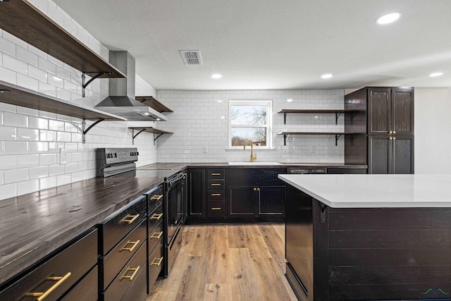 kitchen featuring sink, light hardwood / wood-style flooring, electric range, wall chimney exhaust hood, and decorative backsplash