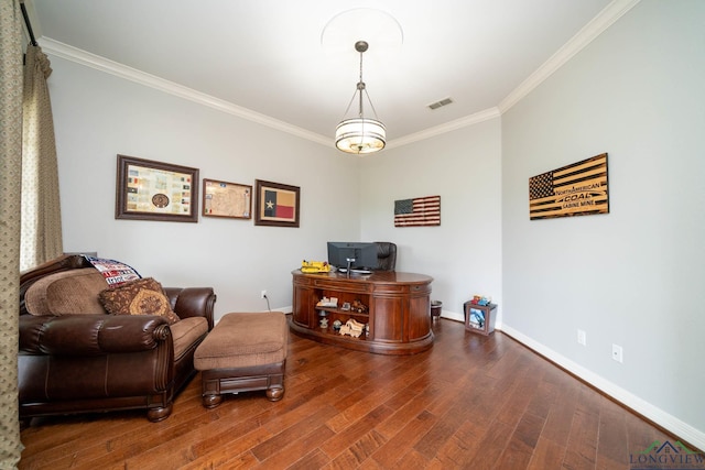 335 Winding Way, Hallsville, TX 75650 - office area featuring crown molding, wood finished floors, and baseboards