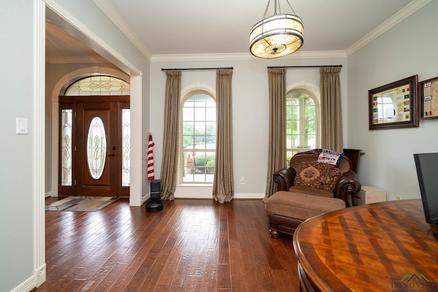 335 Winding Way, Hallsville, TX 75650 - foyer entrance with dark wood-style floors, crown molding, and baseboards