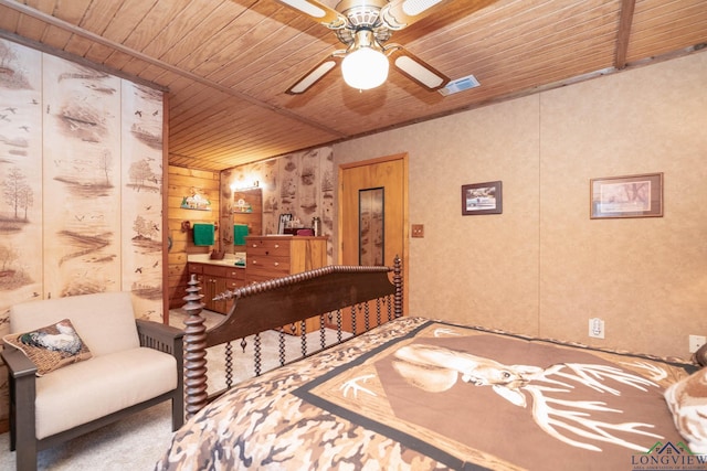 bedroom with visible vents, a ceiling fan, and wood ceiling