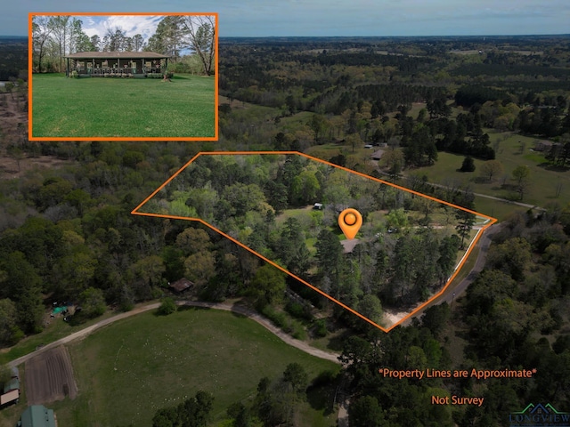 bird's eye view with a wooded view