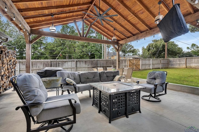 view of patio / terrace featuring a gazebo, outdoor lounge area, and ceiling fan