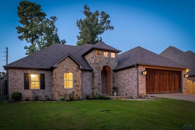 view of front of home with a yard and a garage