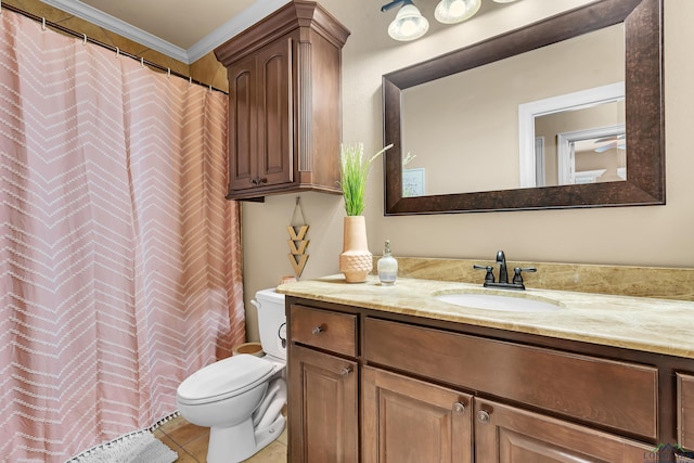 bathroom with a shower with shower curtain, tile patterned floors, vanity, crown molding, and toilet