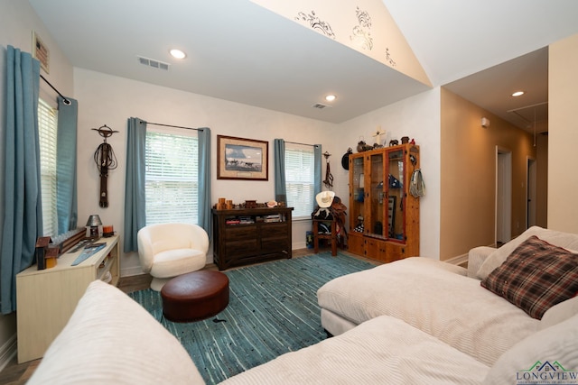 bedroom featuring visible vents, lofted ceiling, attic access, and recessed lighting