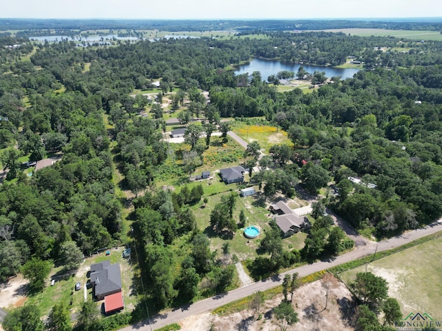 drone / aerial view featuring a water view and a wooded view