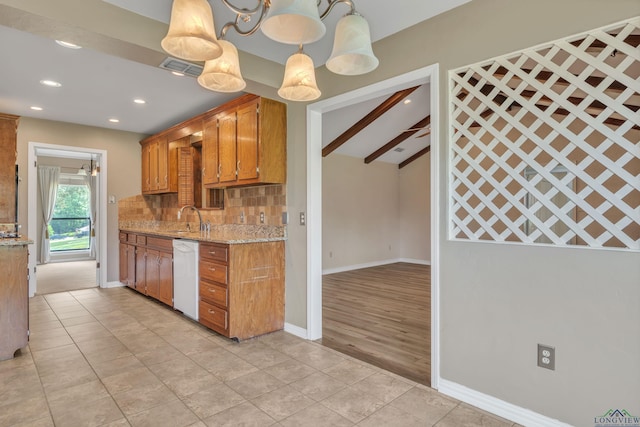 kitchen with tasteful backsplash, white dishwasher, light tile patterned floors, baseboards, and recessed lighting