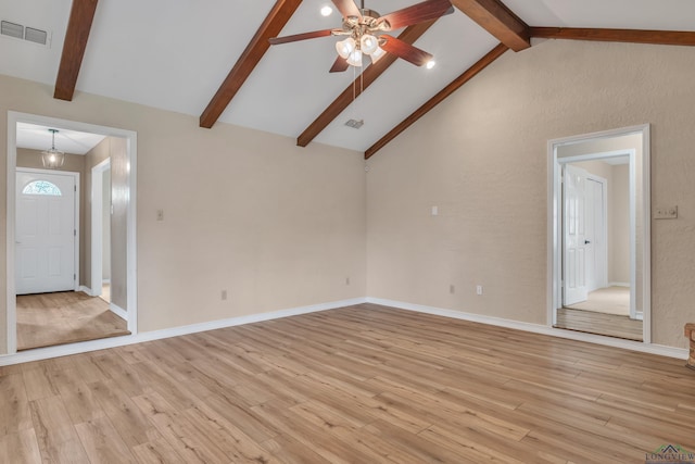 unfurnished living room with lofted ceiling with beams, ceiling fan, visible vents, and light wood-type flooring