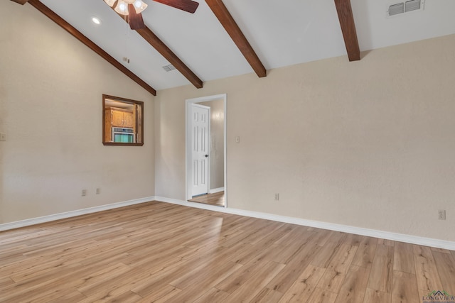 unfurnished room with visible vents, vaulted ceiling with beams, a ceiling fan, light wood-style floors, and baseboards