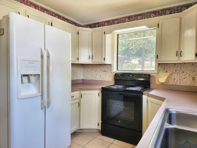 kitchen with a textured ceiling, sink, white refrigerator with ice dispenser, black electric range, and light tile patterned flooring