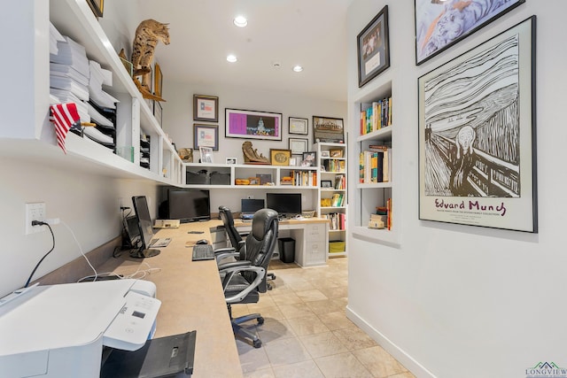 tiled office space with built in features