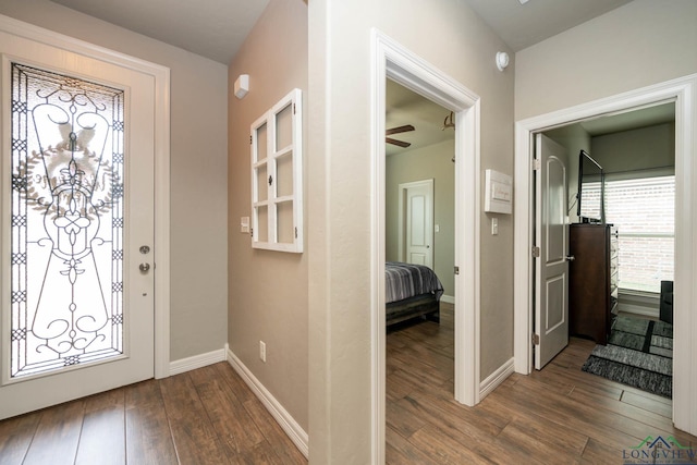 foyer with a ceiling fan, baseboards, and wood finished floors