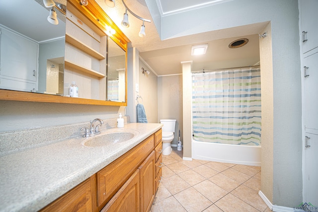 full bathroom featuring tile patterned floors, vanity, shower / bathtub combination with curtain, and toilet