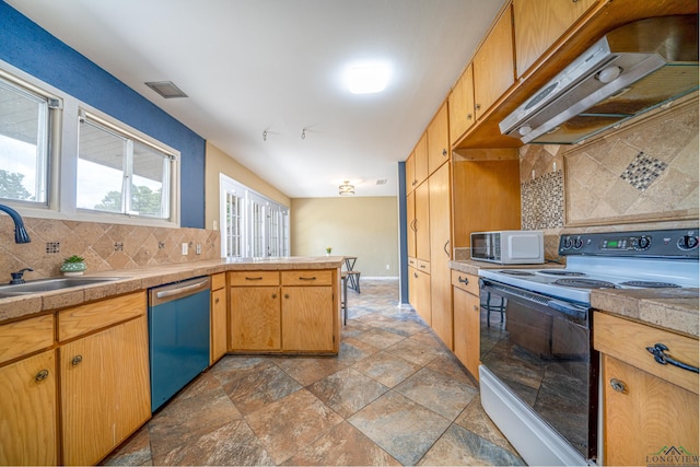 kitchen featuring white appliances, sink, extractor fan, and tasteful backsplash