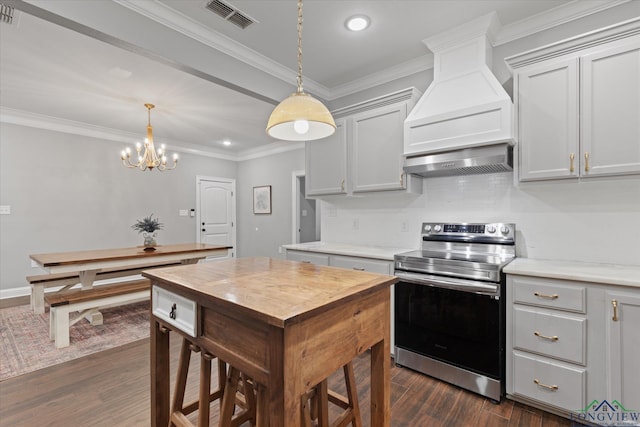 223 Circle Ridge Dr, Gilmer, TX 75645 - kitchen featuring electric stove, custom exhaust hood, recessed lighting, dark wood-style flooring, and wood counters