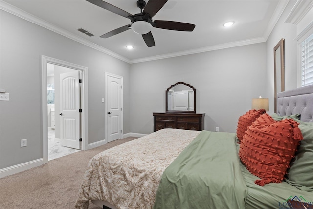 223 Circle Ridge Dr, Gilmer, TX 75645 - bedroom with ornamental molding, carpet flooring, baseboards, recessed lighting, and a ceiling fan
