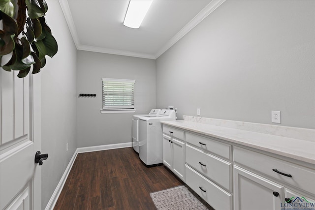 223 Circle Ridge Dr, Gilmer, TX 75645 - laundry area featuring independent washer and dryer, dark wood-style flooring, crown molding, cabinet space, and baseboards