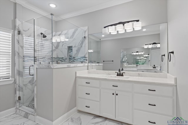 223 Circle Ridge Dr, Gilmer, TX 75645 - bathroom with marble look tile flooring, crown molding, vanity, a marble finish shower, and baseboards
