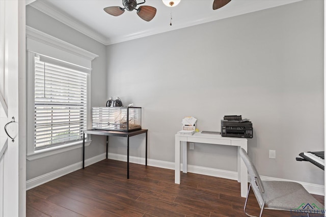 223 Circle Ridge Dr, Gilmer, TX 75645 - office featuring a ceiling fan, wood finished floors, ornamental molding, and baseboards