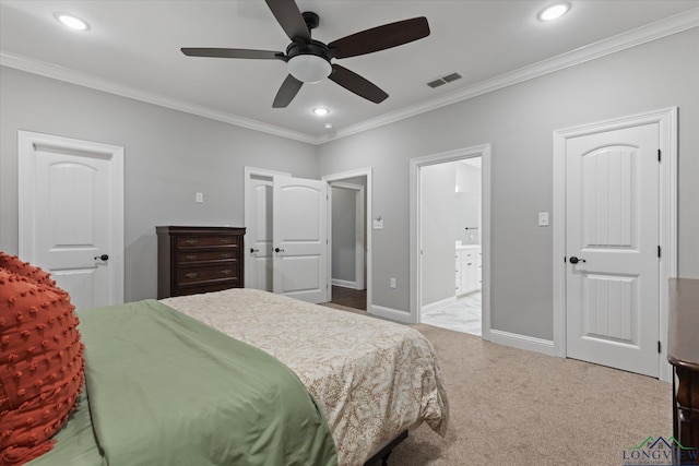223 Circle Ridge Dr, Gilmer, TX 75645 - bedroom with crown molding, carpet, recessed lighting, baseboards, and ensuite bathroom