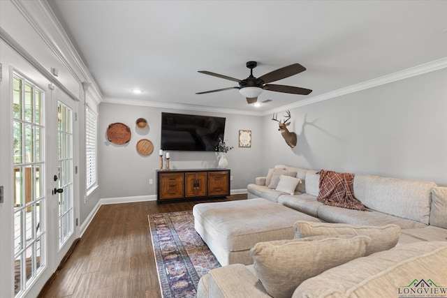 223 Circle Ridge Dr, Gilmer, TX 75645 - living room with dark wood-style floors, baseboards, ceiling fan, ornamental molding, and recessed lighting