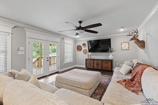 223 Circle Ridge Dr, Gilmer, TX 75645 - living area featuring french doors, crown molding, ceiling fan, wood finished floors, and recessed lighting