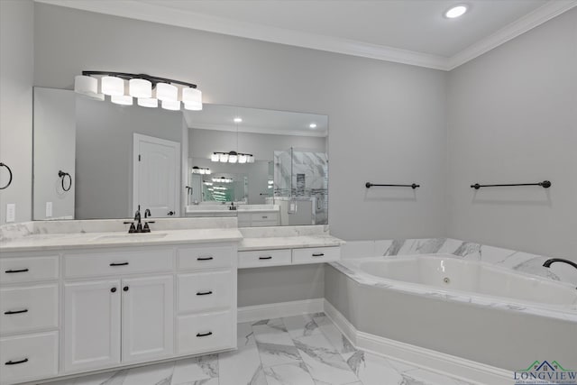 223 Circle Ridge Dr, Gilmer, TX 75645 - full bathroom featuring a tub with jets, a marble finish shower, vanity, ornamental molding, and marble look tiles
