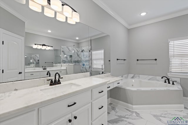 223 Circle Ridge Dr, Gilmer, TX 75645 - full bath with a shower stall, vanity, a bath, marble finish flooring, and crown molding