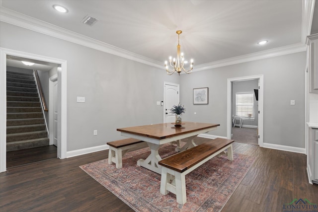 223 Circle Ridge Dr, Gilmer, TX 75645 - dining space with stairway, a chandelier, baseboards, dark wood finished floors, and ornamental molding