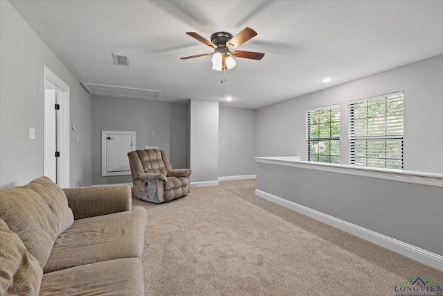 223 Circle Ridge Dr, Gilmer, TX 75645 - living room featuring attic access, ceiling fan, carpet floors, baseboards, and recessed lighting