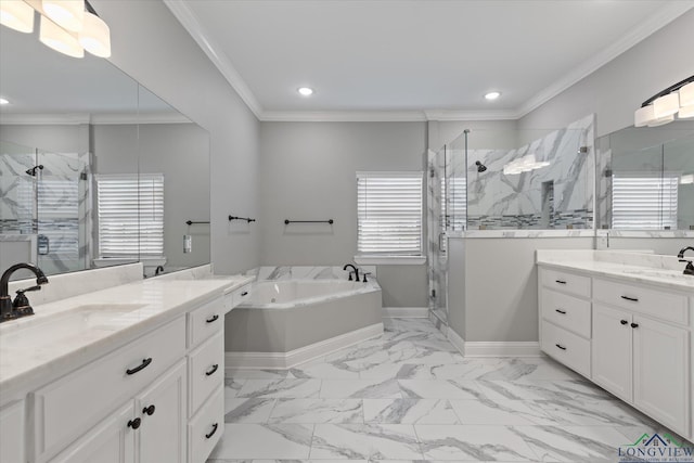 223 Circle Ridge Dr, Gilmer, TX 75645 - full bath with a marble finish shower, two vanities, a bath, crown molding, and recessed lighting