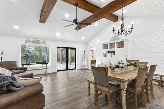 dining space with high vaulted ceiling, dark wood-type flooring, beam ceiling, and ceiling fan with notable chandelier