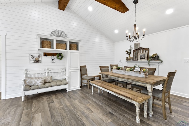 dining area with lofted ceiling with beams, baseboards, a chandelier, and dark wood-type flooring