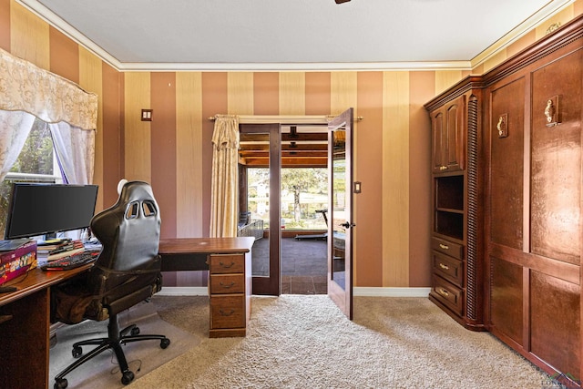 office space featuring wallpapered walls, baseboards, carpet, crown molding, and french doors