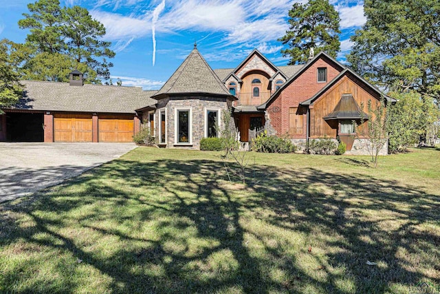 view of front of property with a garage, stone siding, and a front lawn