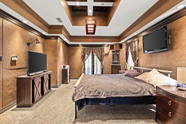 bedroom featuring beam ceiling, visible vents, ornamental molding, light carpet, and coffered ceiling