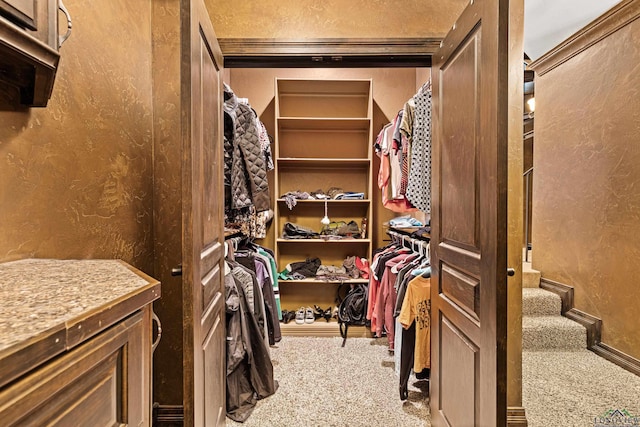 spacious closet with light colored carpet