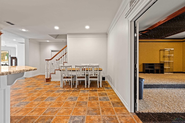 dining room featuring baseboards, visible vents, stairway, crown molding, and recessed lighting