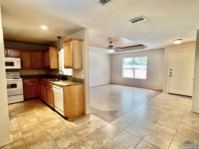 kitchen featuring pendant lighting, white appliances, sink, ceiling fan, and light tile patterned floors